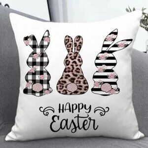 Seasonal Pillow Cover Easter Bunny Rabbit Zip Closure 17.7 In Square Black White